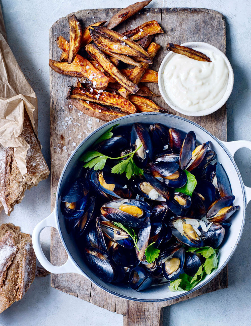 Moules frites med sødkartoffel fritter