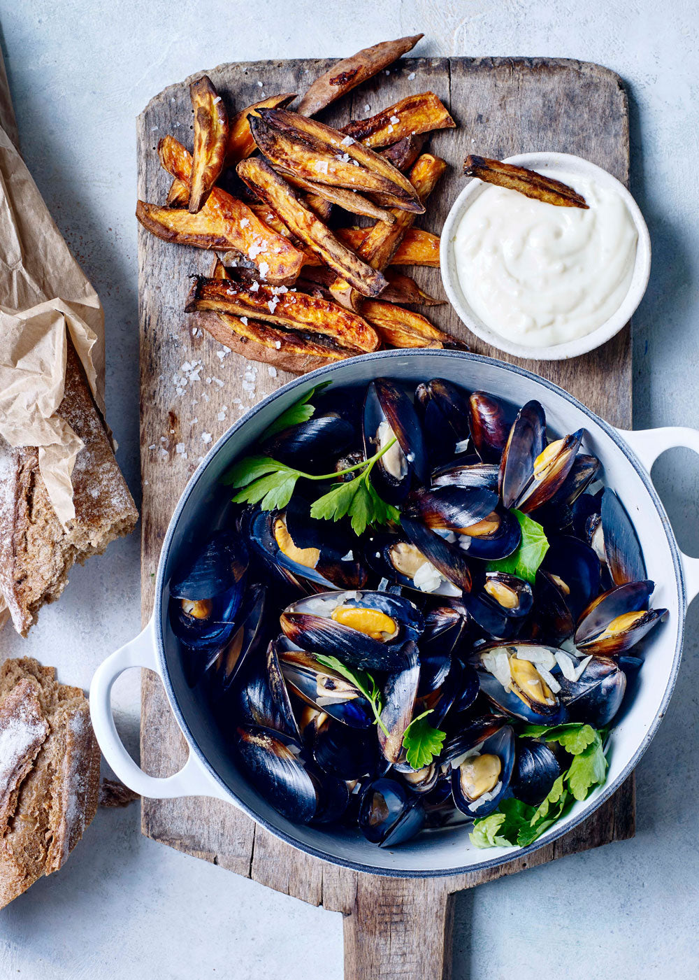 Moules frites med sødkartoffel fritter